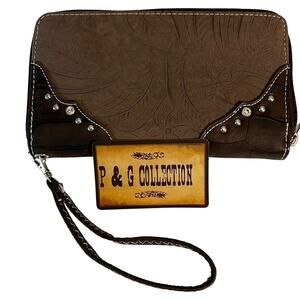 P&G Collection Western Style Wallet Clutch Faux Leather Trifold NWT Brown